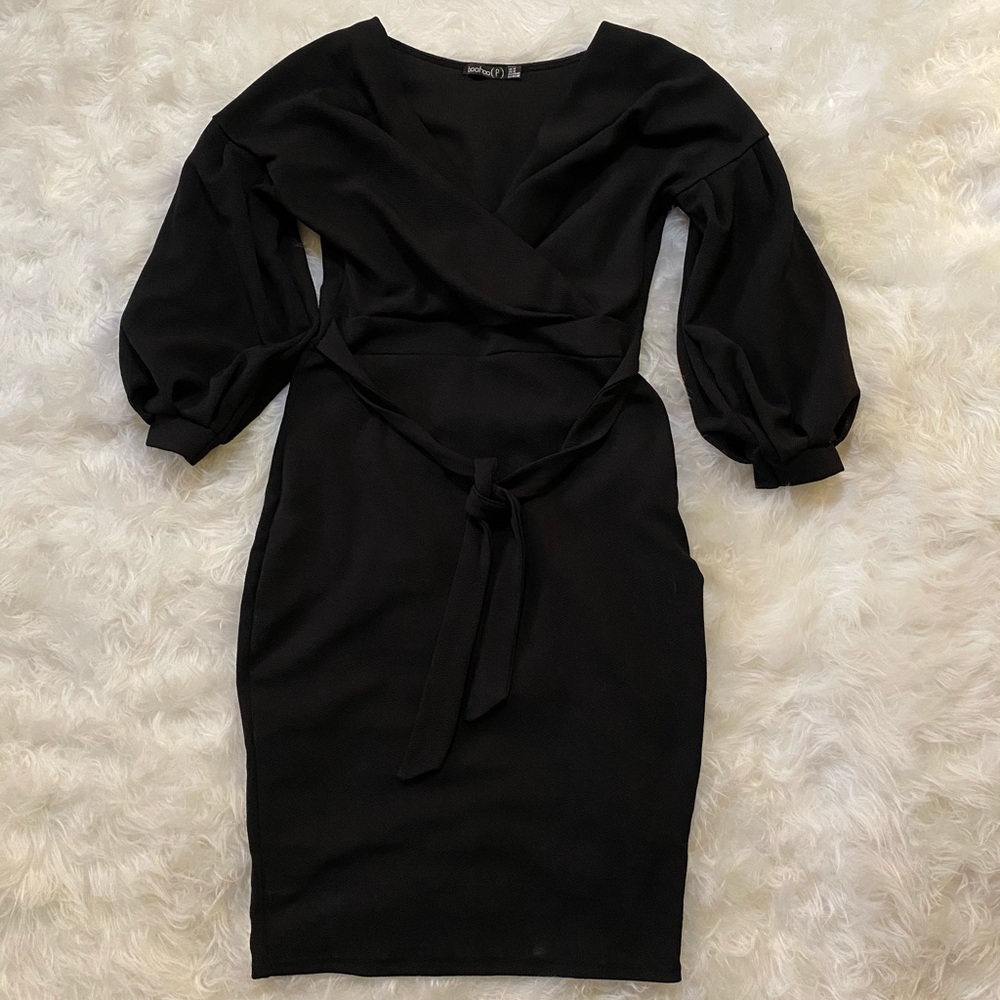 Boohoo Black Midi Wrap Dress with Puff Sleeves